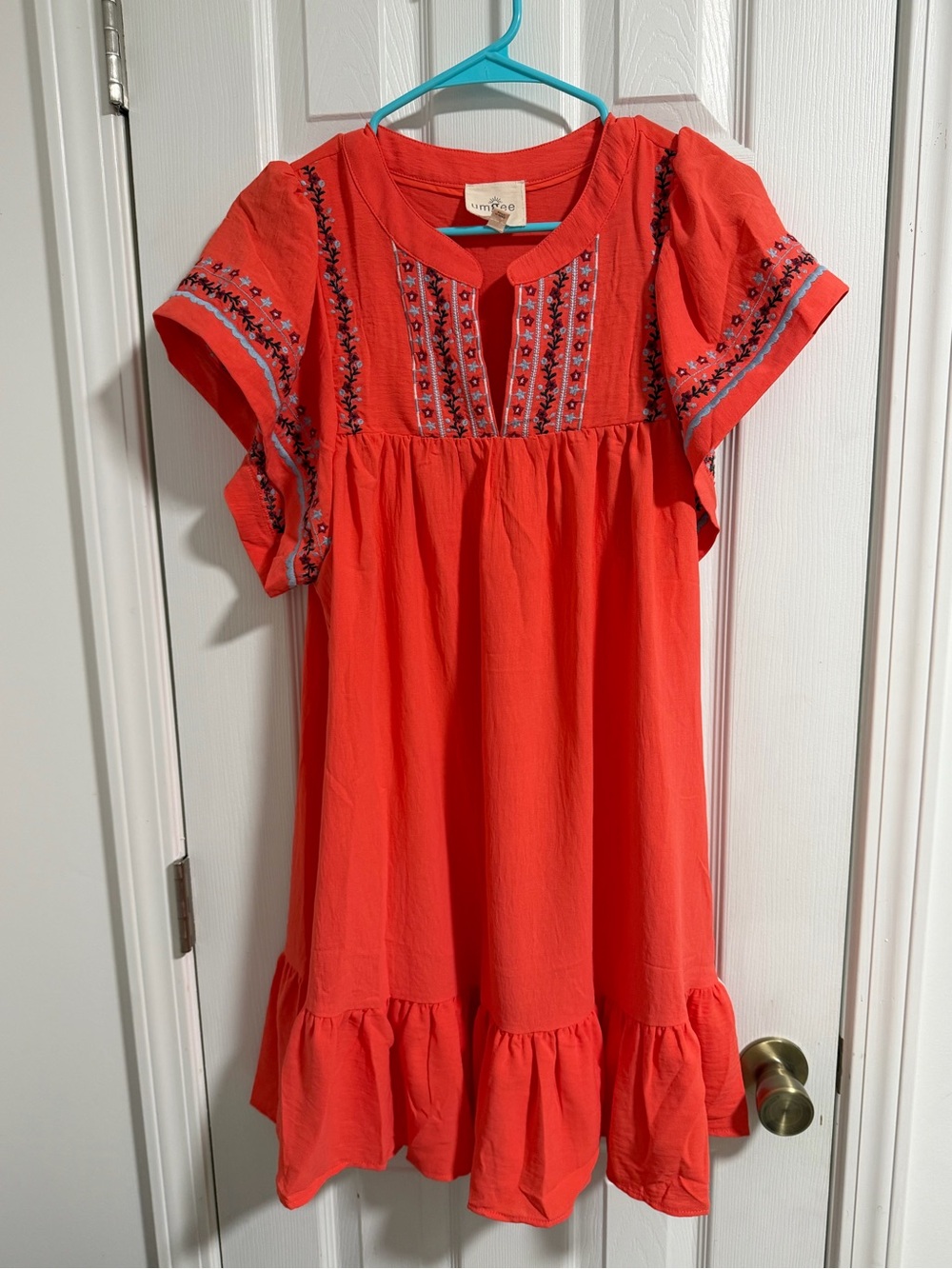 Umgee Coral Embroidered Ruffle Hem Casual Dress